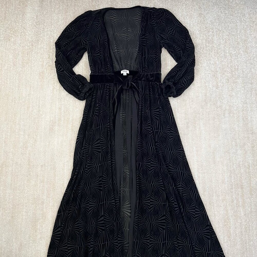 Unique Vintage Black Velvet Devore Burnout Long Duster Cardigan Robe L 10-12